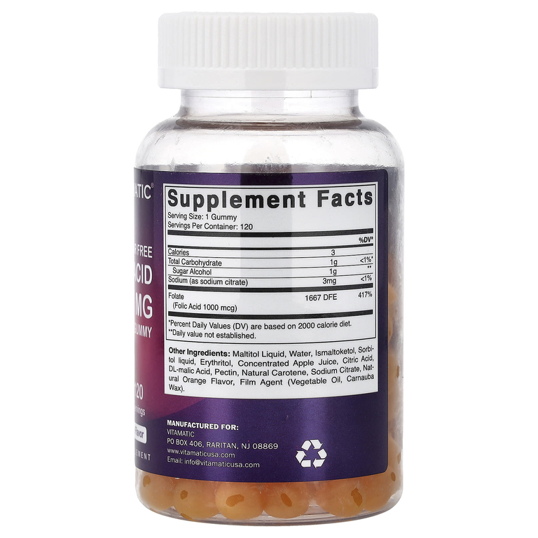 Vitamatic, фолиевая кислота, натуральный апельсиновый вкус, 1 мг, 120 жевательных таблеток