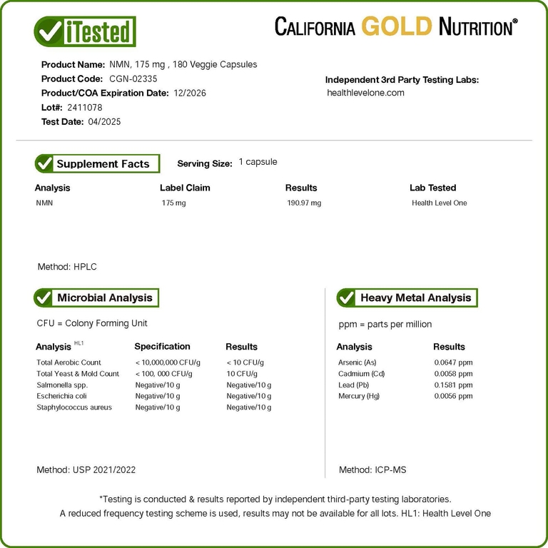 California Gold Nutrition, NMN, 175 мг, 180 растительных капсул