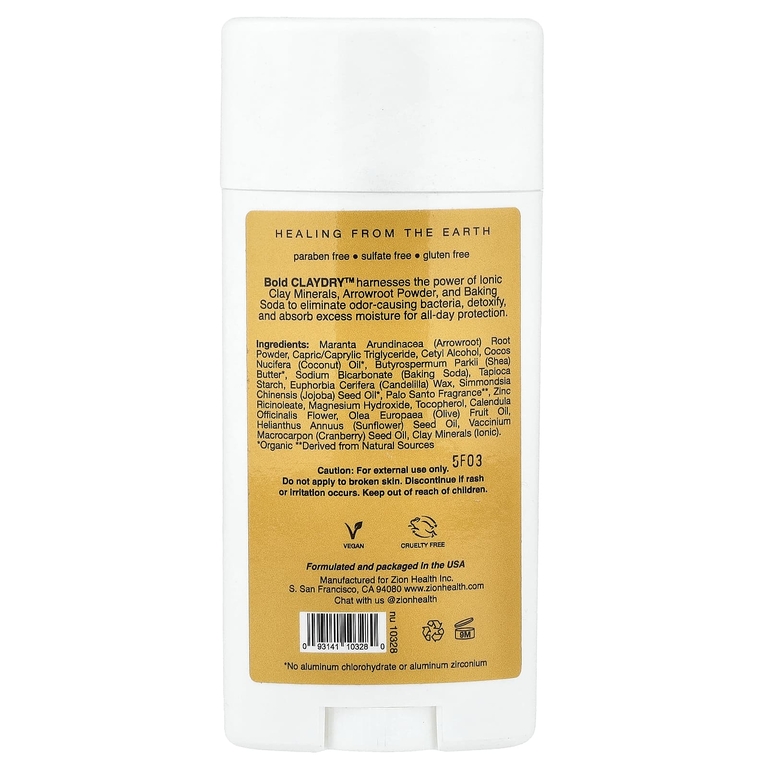 Zion Health, Claydry Deodorant, Bold, пало санто, 80 г (2,8 унции)