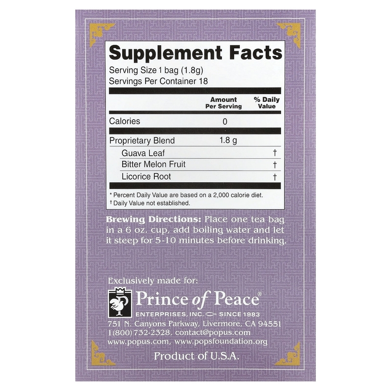 Prince of Peace, Herbal Tea, сахар в крови, 18 чайных пакетиков, 32,4 г (1,14 унции)