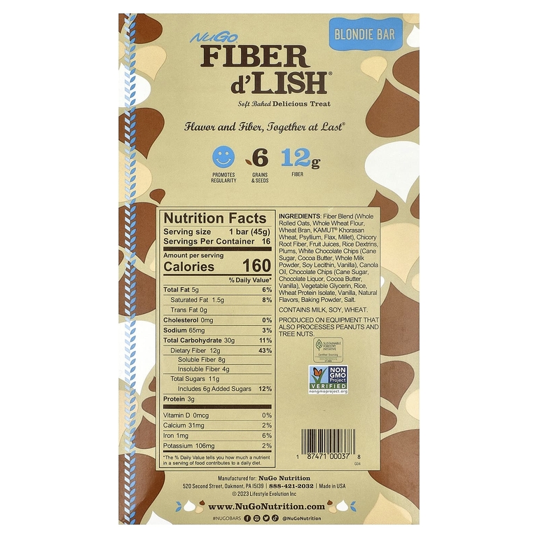 NuGo Nutrition, Fiber d'Lish®, батончик Blondie, 16 батончиков по 45 г (1,6 унции)