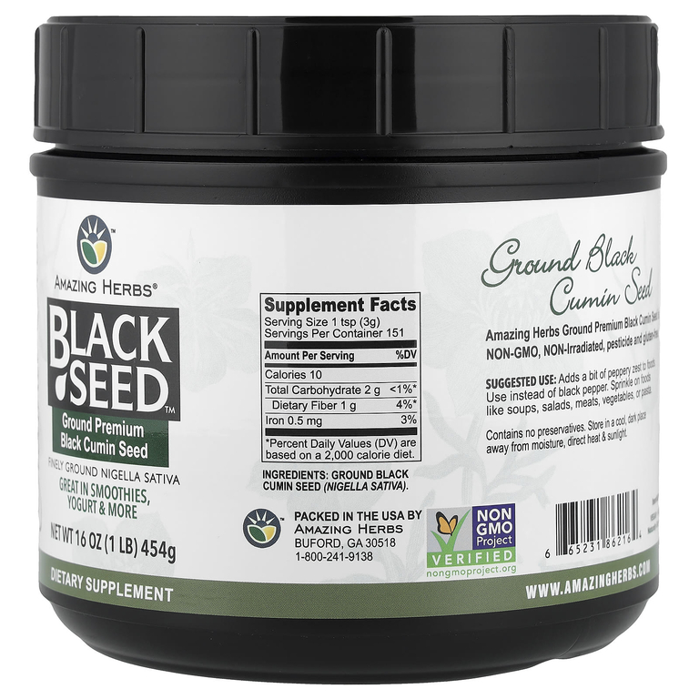 Amazing Herbs, Black Seed™, молотые семена черного тмина премиального качества, 454 г (1 фунт)