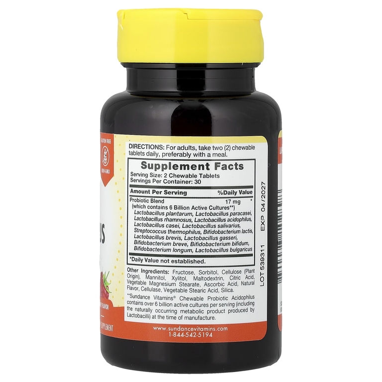 Sundance Vitamins, ацидофильные пробиотики, жевательные, с ягодным вкусом, 60 жевательных таблеток (8,5 мг в 1 таблетке)