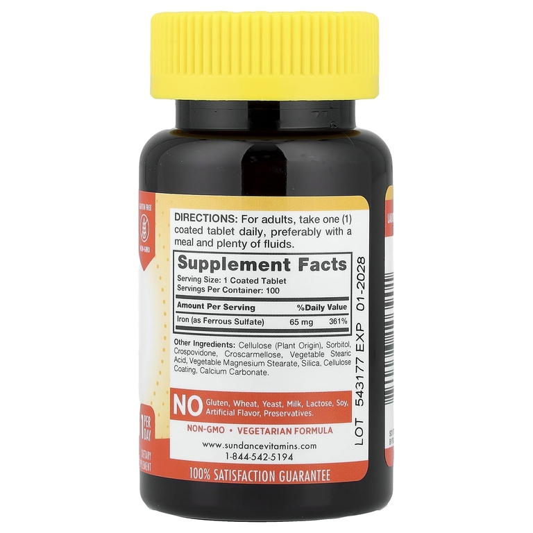 Sundance Vitamins, железо, 65 мг, 100 таблеток, покрытых оболочкой