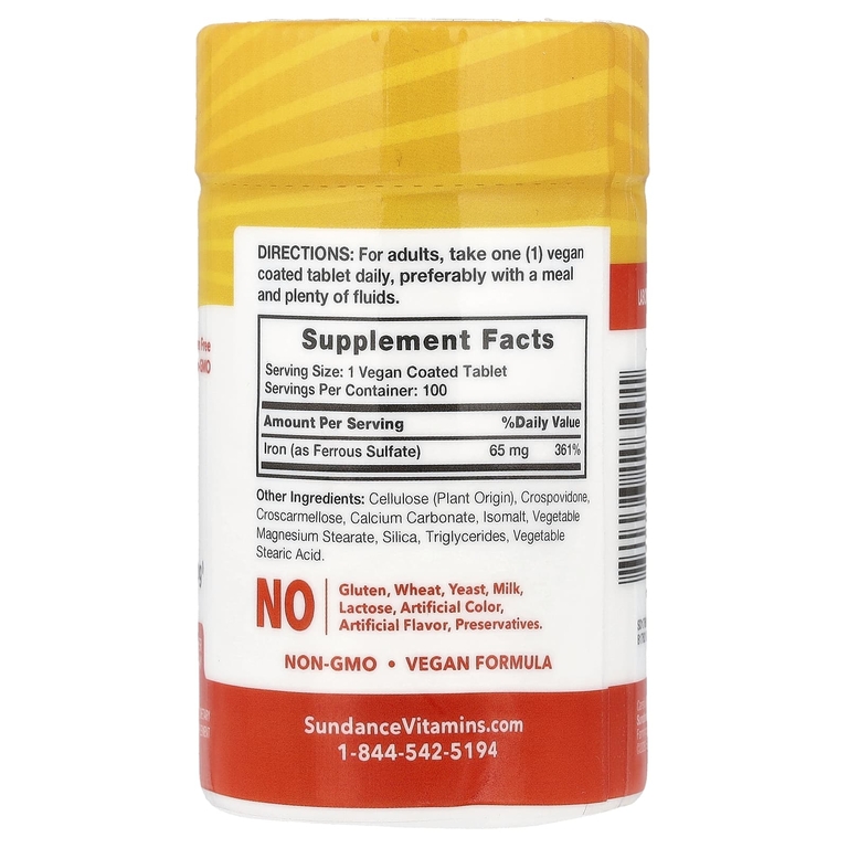 Sundance Vitamins, Железо, 65 мг, 100 веганских таблеток с оболочкой
