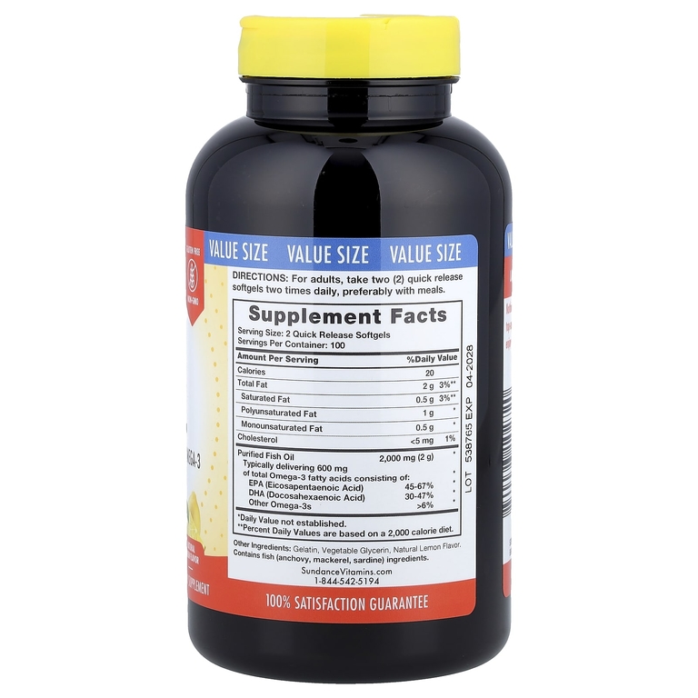 Sundance Vitamins, Рыбий жир, натуральный лимон, 1000 мг, 200 капсул с быстрым высвобождением