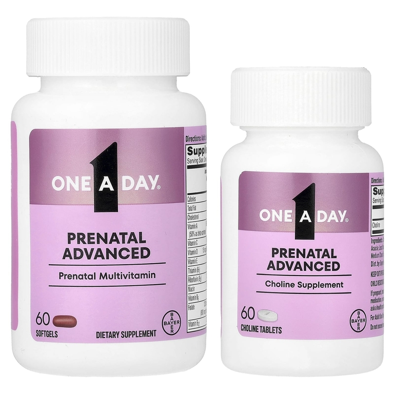 One-A-Day, Prenatal Advanced, полноценный мультивитаминный комплекс для поддержки мозга, 60 пренатальных мультивитаминных мягких таблеток и 60 пренатальных таблеток с холином