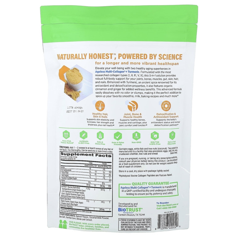 BioTRUST, Ageless Multi Collagen® с куркумой, золотистое молоко, 304 г (10,7 унции)