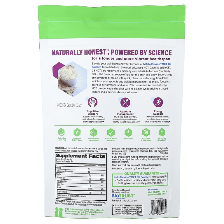 BioTRUST, Keto Elevate™, порошок из масла MCT, французская ваниль, 181 г (6,3 унции)