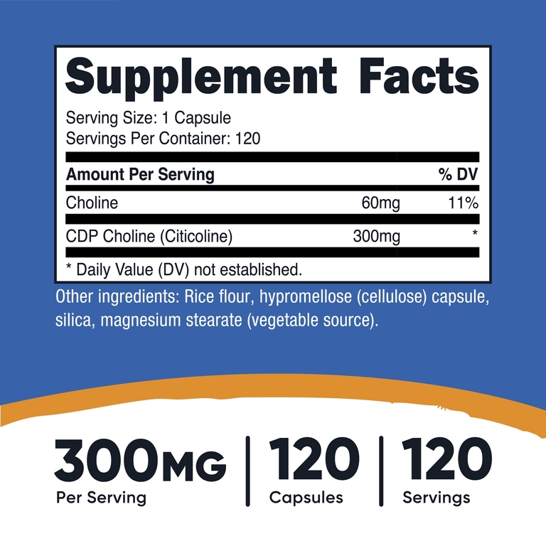 Nutricost, CDP Choline, цитиколин, 300 мг, 120 капсул