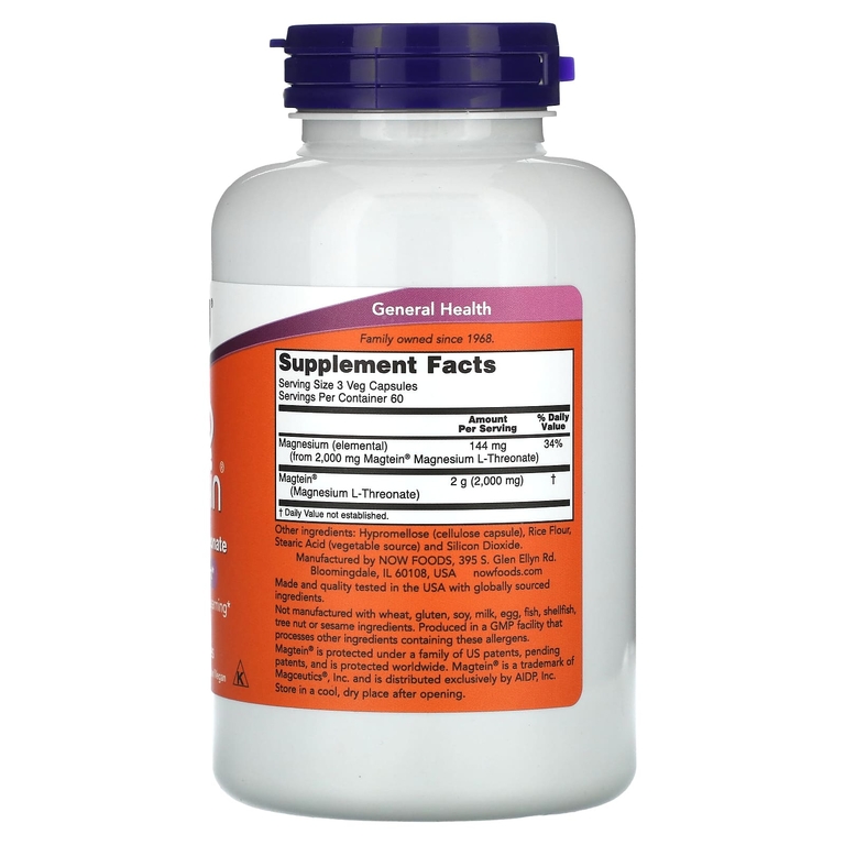 NOW Foods, Magtein®, L-треонат магния, 180 вегетарианских капсул