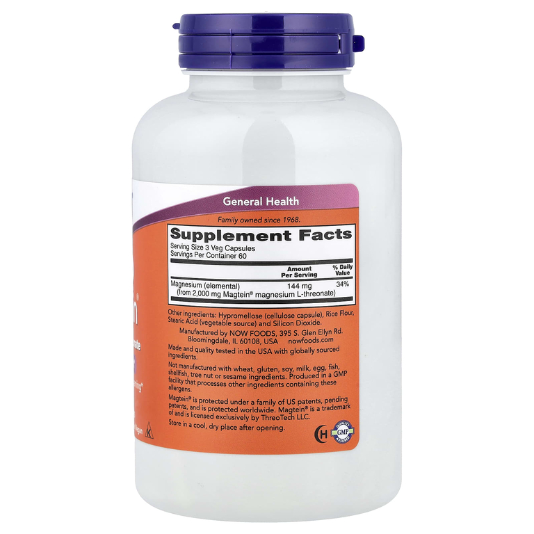 NOW Foods, Magtein®, L-треонат магния, 180 мг, 180 вегетарианских капсул (48 мг в 1 капсуле)