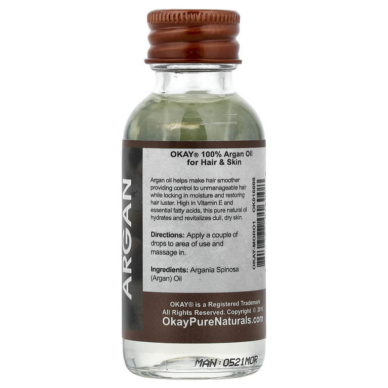Okay Pure Naturals, 100% чистое аргановое масло, для волос и кожи, 30 мл (1 жидк. унция)