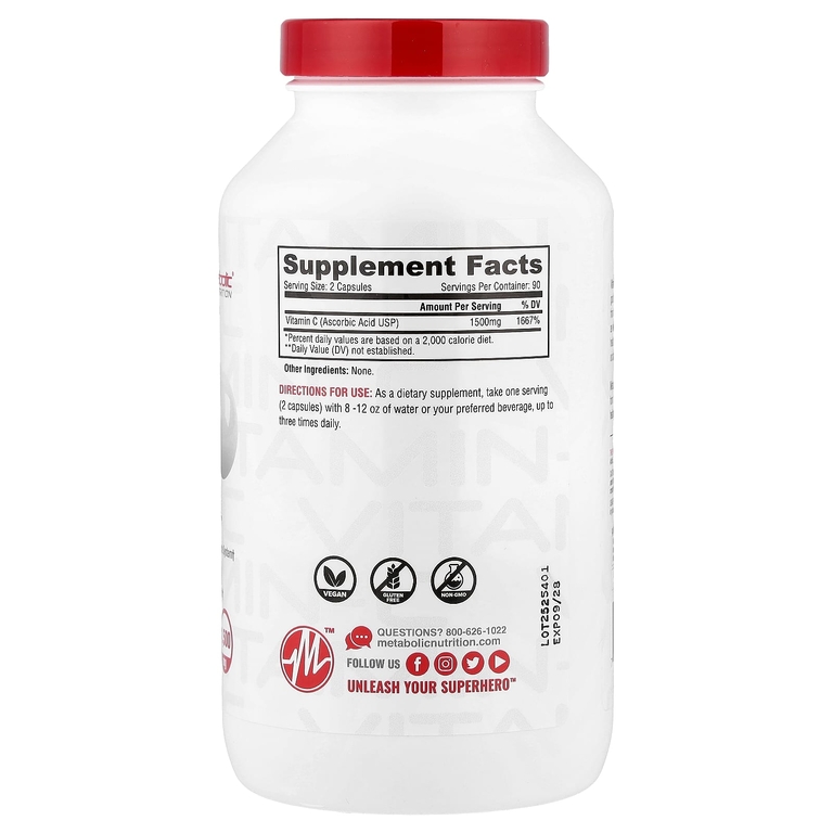 Metabolic Nutrition, Витамин C, 180 капсул (750 мг на капсулу)