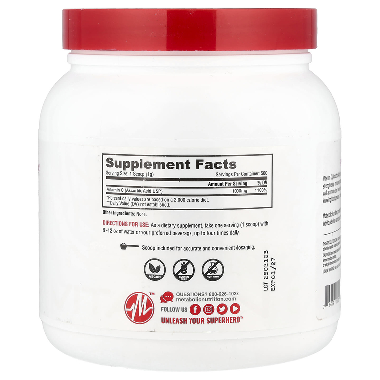 Metabolic Nutrition, Витамин C, без добавок, 500 г (17,64 унции)