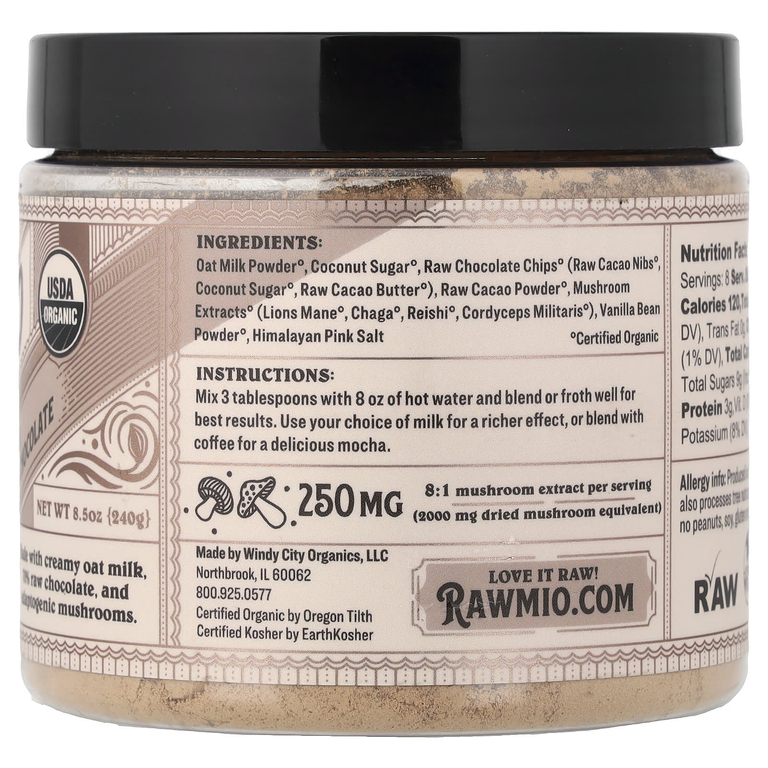 Rawmio, Горячий шоколад с овсяным молоком и грибами, 240 г (8,5 унции)