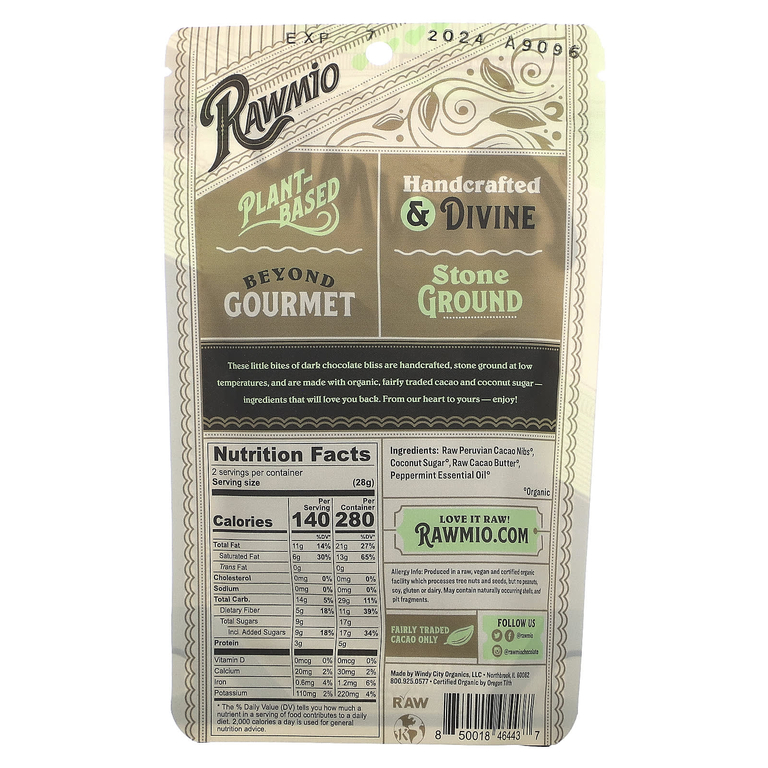 Rawmio, Сердечки с мятой и шоколадом, 70% сырого какао, 56,7 г (2 унции)