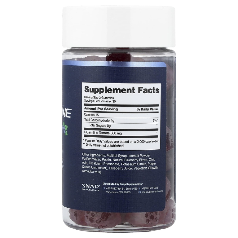 Snap Supplements, L-карнитин, жевательные таблетки, со вкусом голубики, без сахара, 60 жевательных таблеток (250 мг в 1 жевательной таблетке)