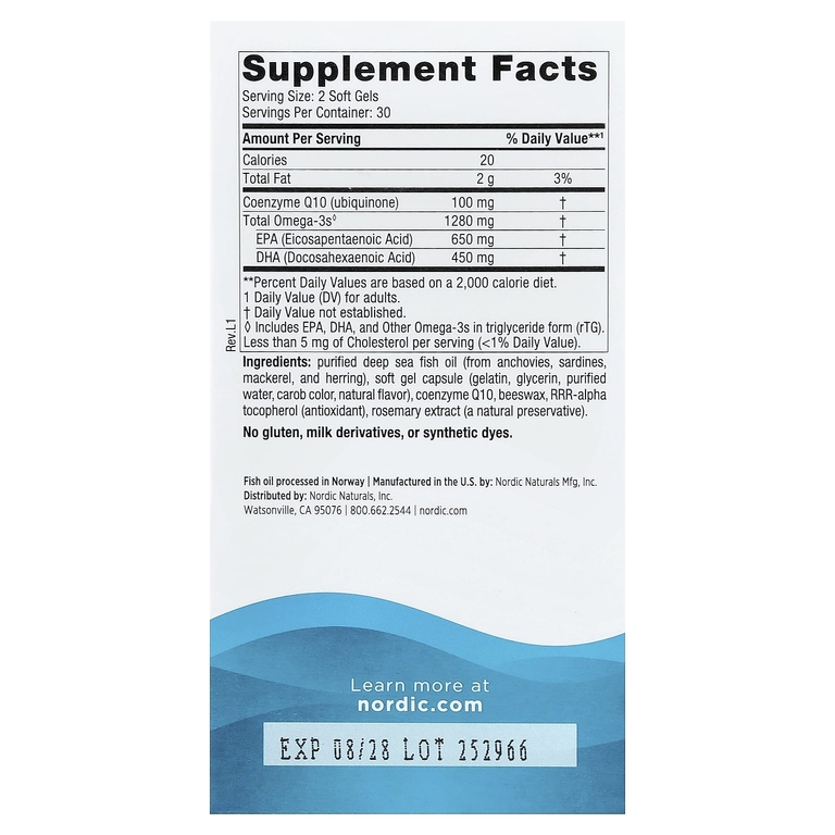 Nordic Naturals, омега-3 с коэнзимом Q10, со вкусом лимона, 60 желатиновых капсул