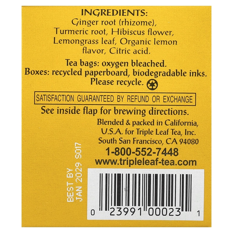 Triple Leaf Tea, Лимонный имбирь, без кофеина, 20 чайных пакетиков, 40 г (1,41 унции)