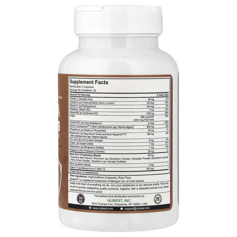 NuBest, Bone Xtra, растительный кальций, D3 и K2, 120 вегетарианских капсул