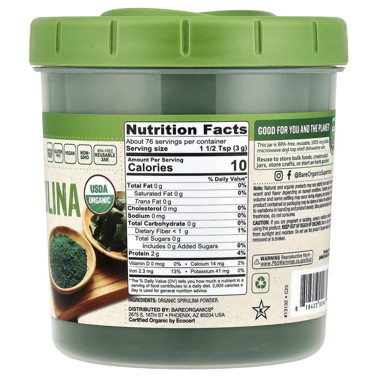 BareOrganics, Органическая спирулина в порошке, 227 г (8 унций)