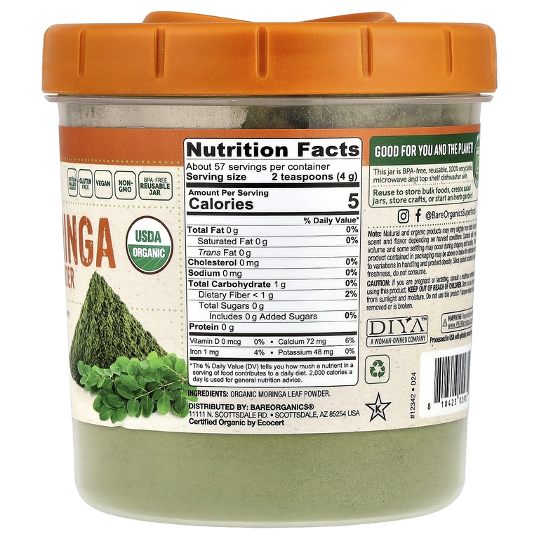 BareOrganics, Органический порошок из листьев моринги, 227 г (8 унций)