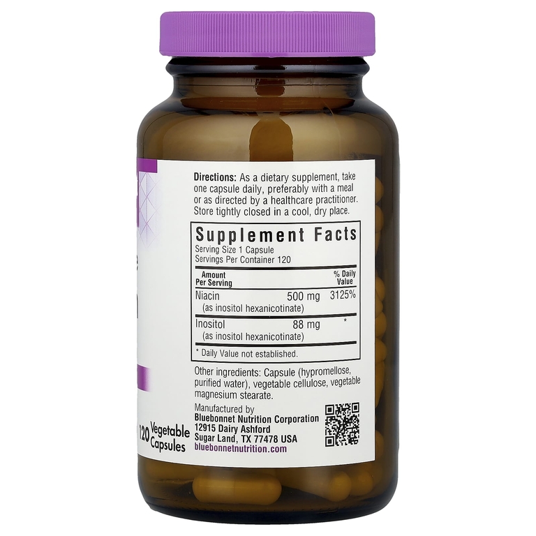 Bluebonnet Nutrition, Ниацин, не вызывающий смывания, 500 мг, 120 растительных капсул