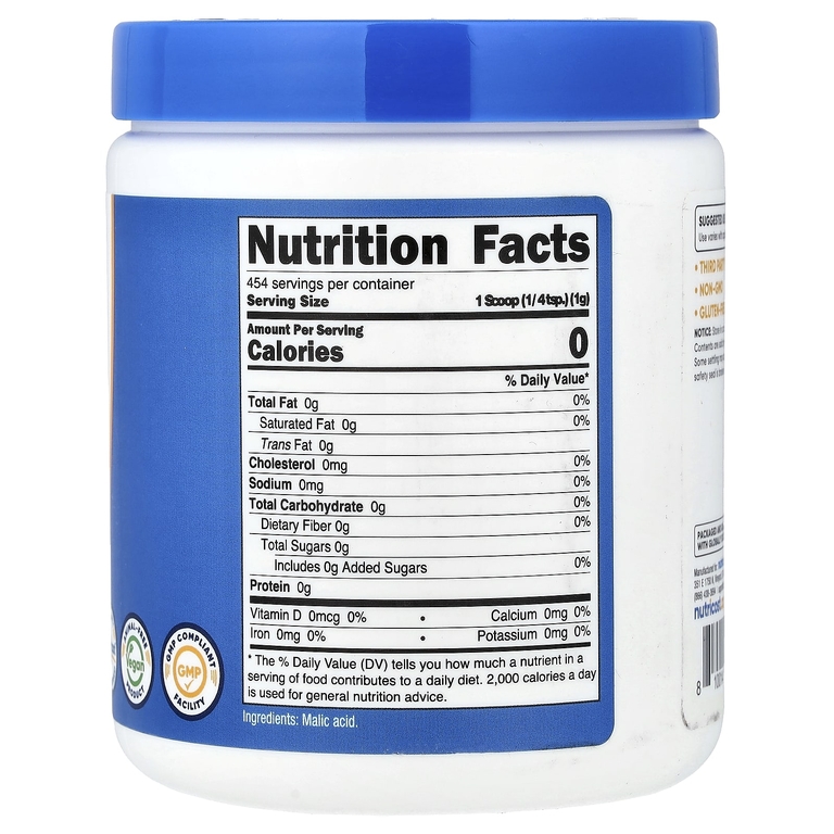 Nutricost, яблочная кислота в порошке, без добавок, 454 г (1 фунт)