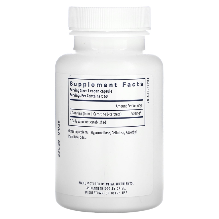 Vital Nutrients, Карнитин, 60 веганских капсул (500 мг на капсулу)