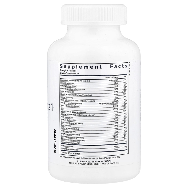 Vital Nutrients, Мульти питательные вещества 1 с железом и йодом, 180 вегетарианских капсул