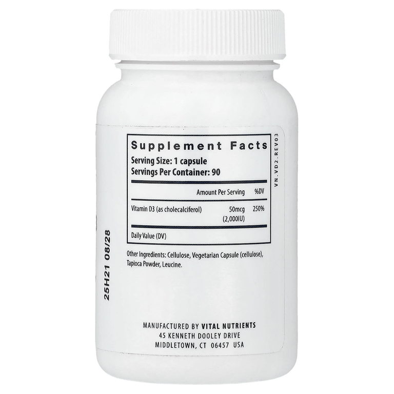 Vital Nutrients, витамин D3, 90 капсул (50 мкг (2000 МЕ) в 1 капсуле)