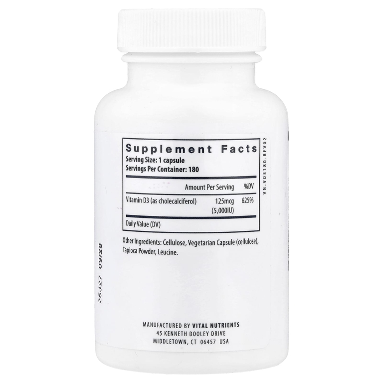 Vital Nutrients, Витамин D3, 5000 МЕ, 180 вегетарианских капсул