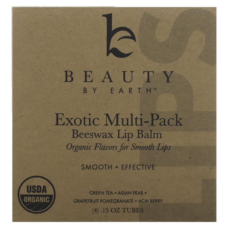Beauty By Earth, органический бальзам для губ с пчелиным воском, экзотический мультивитаминный комплекс, 4 тюбика по 0,15 унции