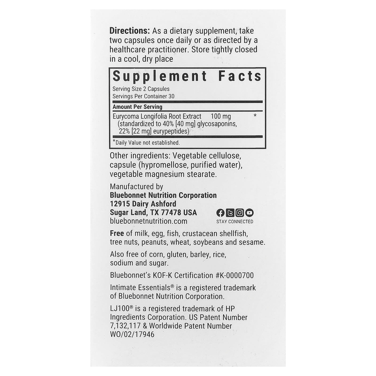 Bluebonnet Nutrition, Intimate Essentials, Lj100, 60 растительных капсул (50 мг на капсулу)