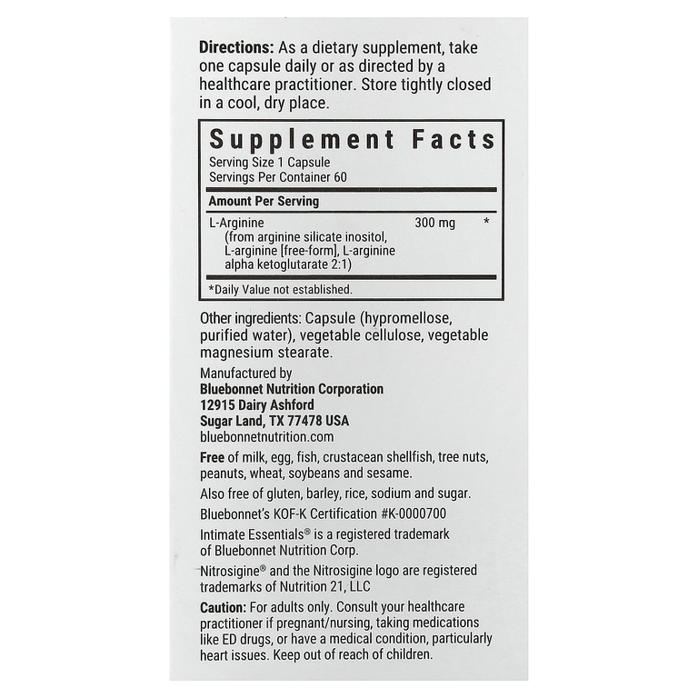 Bluebonnet Nutrition, Intimate Essentials, Nitro, для мужчин и для нее, 60 растительных капсул (300 мг в 1 капсуле)