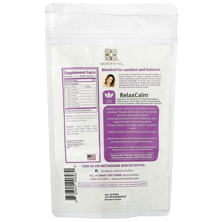 Secrets of Tea, RelaxCalm™, без кофеина, 20 чайных пакетиков, 41 г (1,47 унции)
