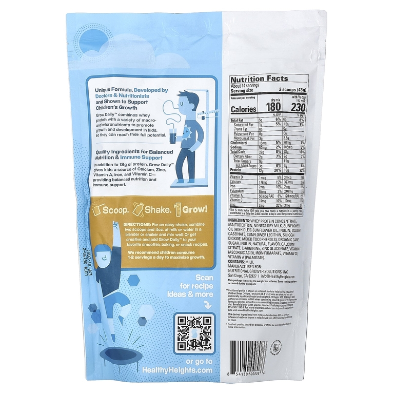 Healthy Heights, Grow Daily, смесь сывороточного протеина и питательной смеси Grow Daily, для детей от 3 лет, ваниль, 616 г (21,7 унции)
