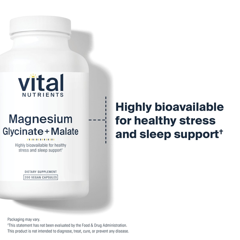 Vital Nutrients, глицинат магния с малатом, 200 веганских капсул (120 мг в 1 капсуле)