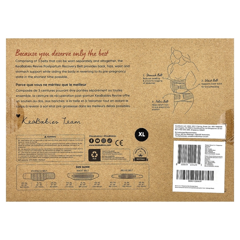 KeaBabies, Revive, 3-in-1 Postpartum Recovery Support Belt, X-Large, Midnight Black , 3 Count