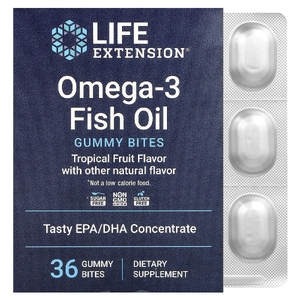 Life Extension, омега-3 жевательные таблетки с рыбьим жиром, со вкусом тропических фруктов, 36 жевательных таблеток (750 мг в 1 жевательной таблетке)