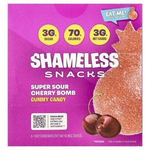 Shameless Snacks, жевательные конфеты, кислая вишня, 6 пакетиков по 50 г (1,8 унции)