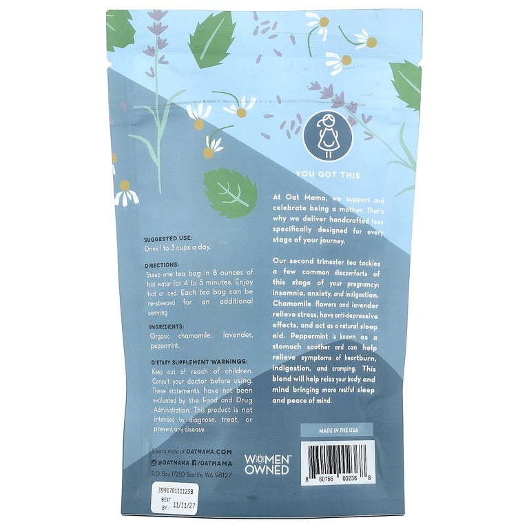 Oat Mama, Calm Tea, чай с ромашкой и лавандой, без кофеина, 14 чайных пакетиков, 32 г