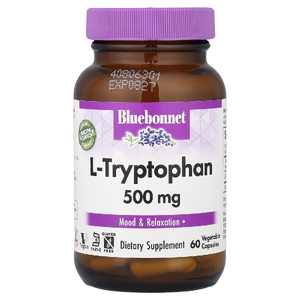 Bluebonnet Nutrition, L-триптофан, 500 мг, 60 растительных капсул
