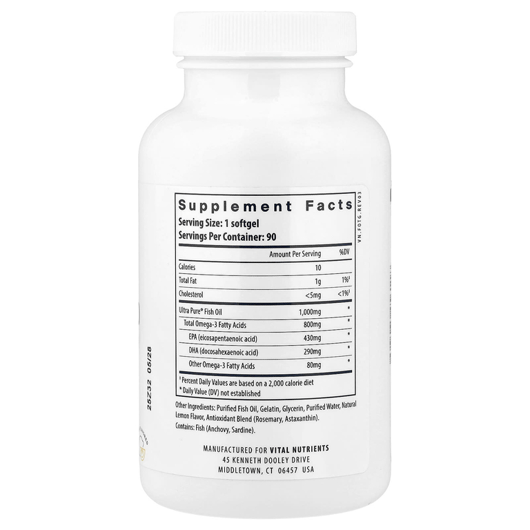 Vital Nutrients, Ultra Pure® Omega-3, рыбий жир 800, лимон, 90 мягких таблеток