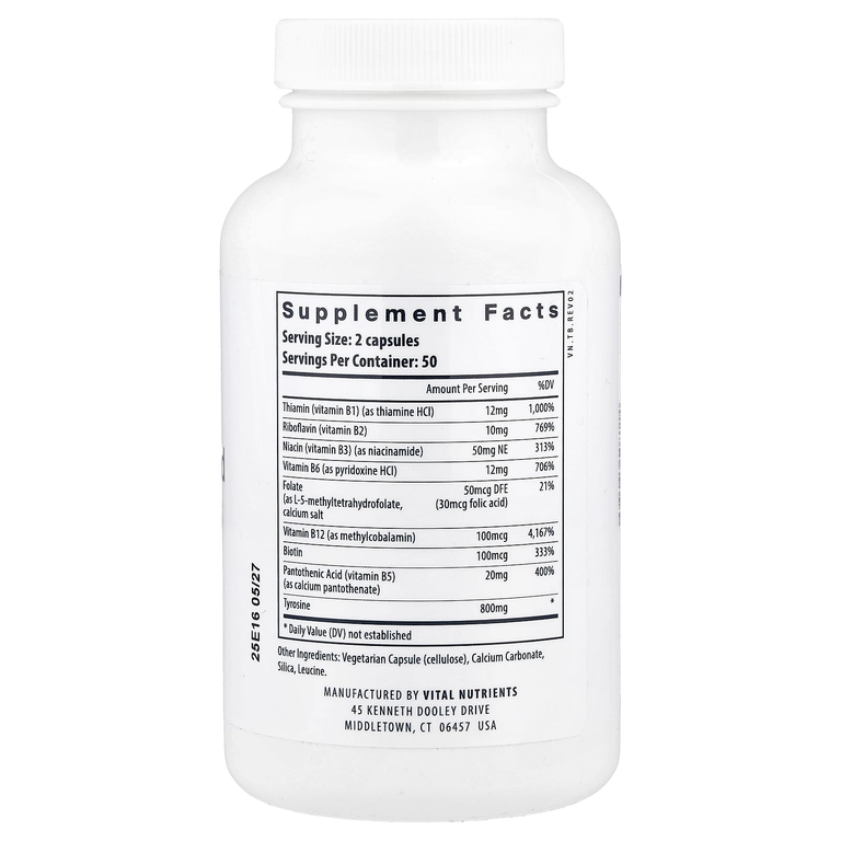 Vital Nutrients, тирозин и витамины группы B, 100 растительных капсул