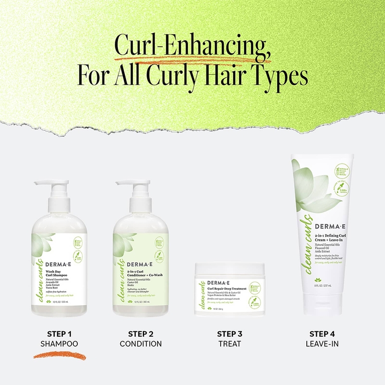 DERMA E, Clean Curls, шампунь для мытья волос, для волнистых и вьющихся волос, 355 мл (12 жидк. унций)