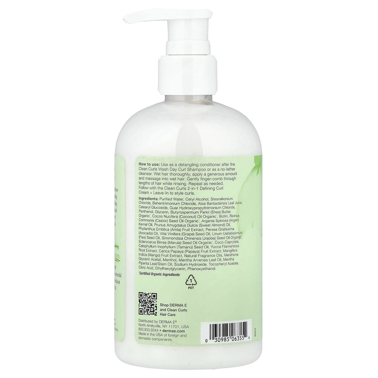 DERMA E, Clean Curls, кондиционер для локонов, 2 в 1, для волнистых и вьющихся волос, 355 мл (12 жидк. унций)