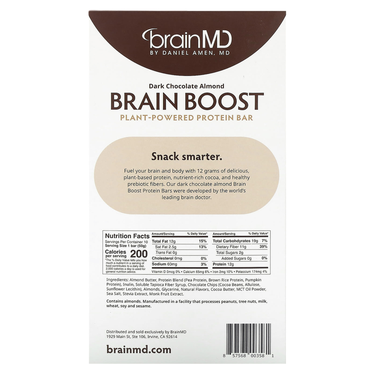 BrainMD, Brain Boost, батончик на растительной основе, протеиновый батончик, темный шоколад и миндаль, 10 батончиков по 50 г (1,5 унции)
