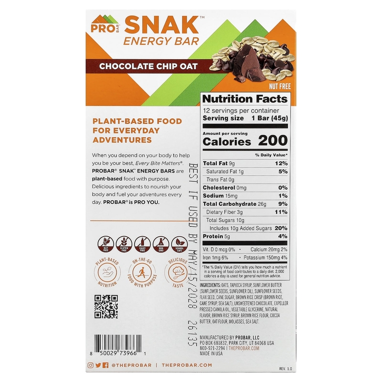 ProBar, SNAK™, энергетический батончик, овсяные хлопья с шоколадной крошкой, 12 батончиков по 45 г (1,6 унции)